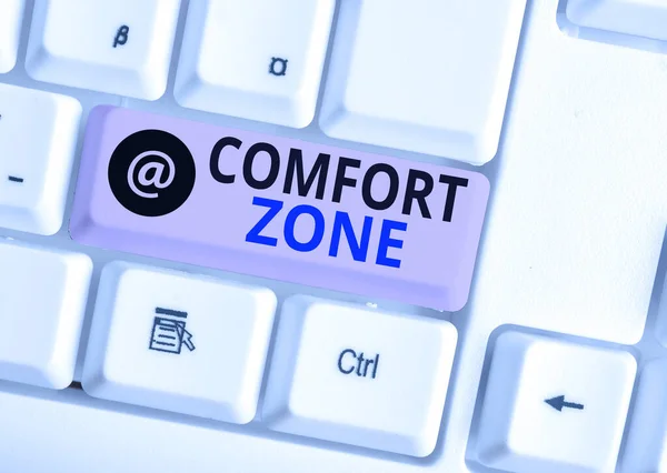 Word writing text Comfort Zone. Business concept for place or situation where one feels safe and without stress White pc keyboard with empty note paper above white background key copy space.