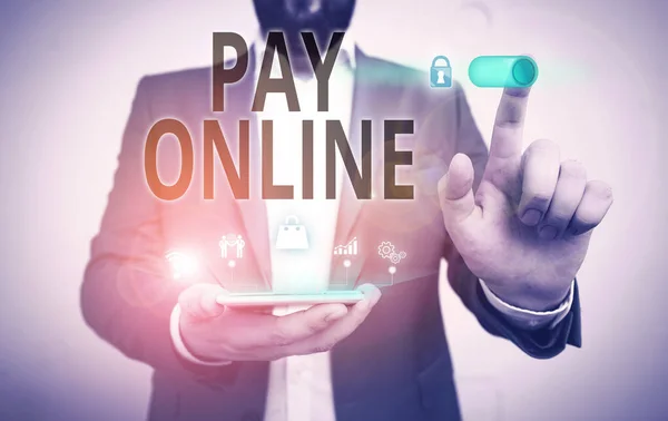 Palavra escrita texto Pay Online. Conceito de negócio para comprar produtos ou serviços usando cartão de crédito em qualquer site. . — Fotografia de Stock