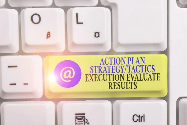 Writing note showing Action Plan Strategy Ortacti. Business photo showcasing Action Plan Strategy Or Tactics Execution Evaluate Results White pc keyboard with note paper above the white background.