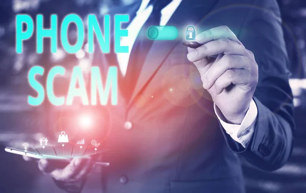 Text sign showing Phone Scam. Conceptual photo getting unwanted calls to promote products or service Telesales Male human wear formal work suit presenting presentation using smart device. — Stock Photo, Image