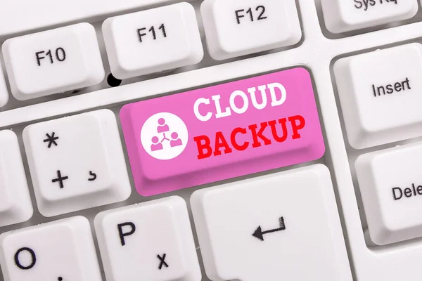 Escrita de mão conceitual mostrando Cloud Backup. O texto da foto do negócio permite que os clientes acessem remotamente os serviços do provedor Teclado branco do PC com papel de nota acima do fundo branco . — Fotografia de Stock