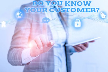 Kelime yazma metni Müşteri Sorunuzu Tanıyor musunuz? İş konsepti göz önünde bulundurulduğunda, müşteri sunum sunumu için sunum sunan kadın giysisi giymeyi sever..