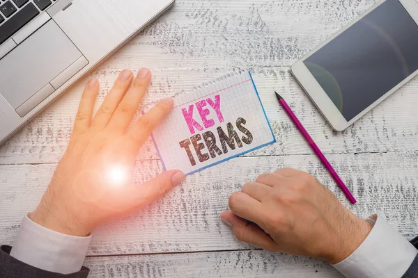 Conceptual hand writing showing Key Terms. Business photo showcasing Words that can help a demonstrating in searching information they need. — Stockfoto
