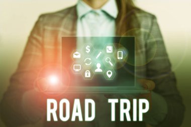 Conceptual hand writing showing Road Trip. Business photo showcasing Roaming around places with no definite or exact target location. clipart