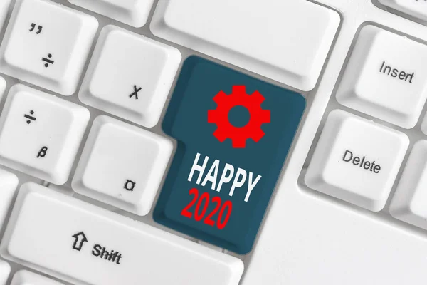 Word írás szöveg Boldog 2020. Üzleti koncepció az idő vagy nap, ahol egy új naptári év kezdődik mostantól fehér pc billentyűzet üres jegyzet papír felett fehér háttér kulcs másolási hely. — Stock Fotó