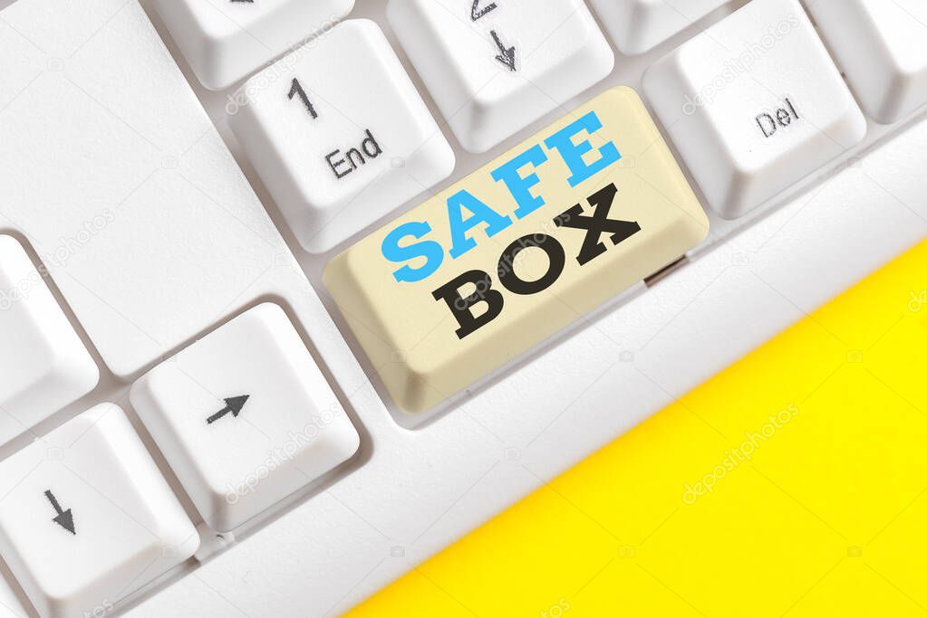 Handwriting text Safe Box. Concept meaning A small structure where you can keep important or valuable things White pc keyboard with empty note paper above white background key copy space.