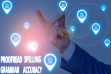 Conceptual hand writing showing Proofread Spelling Grammar Accuracy. Business photo text Grammatically correct Avoid mistakes Male wear formal work suit presenting presentation smart device. clipart