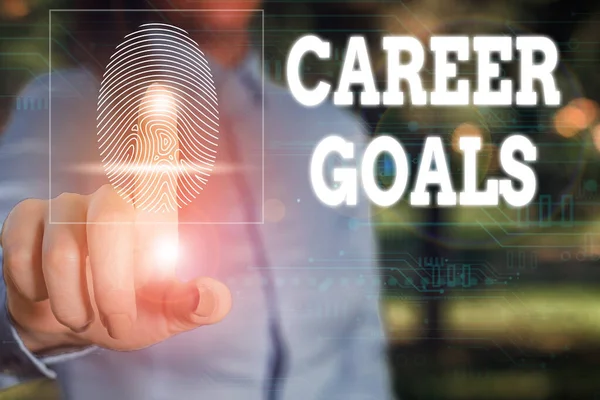 Conceptual hand writing showing Career Goals. Business photo showcasing profession that an individual intends to pursue in his career Woman wear work suit presenting presentation smart device. — Stok fotoğraf