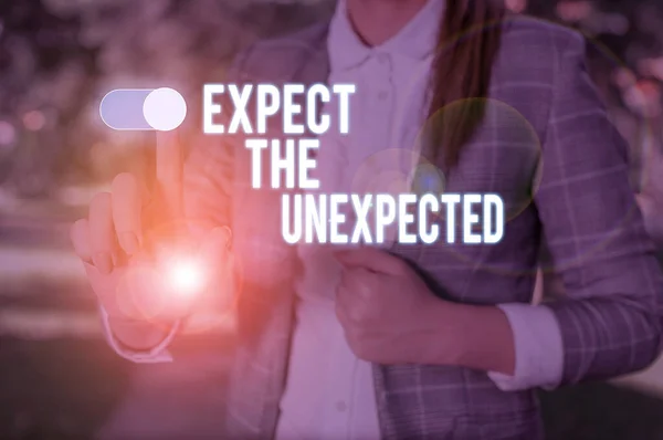 Text sign showing Expect The Unexpected. Conceptual photo Anything can Happen Consider all Possible Events Woman wear formal work suit presenting presentation using smart device. — Stock Photo, Image