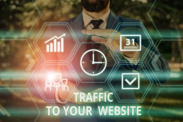 Word writing text Traffic To Your Website. Business concept for Lifeblood of online business more Potential Leads Male human wear formal work suit presenting presentation using smart device. — Stock Photo, Image