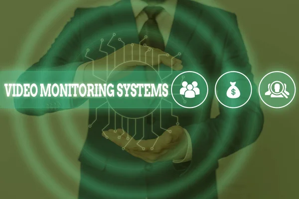 Handwriting text writing Video Monitoring Systems. Concept meaning Surveillance Transmit capture Image to Digital Link Male human wear formal work suit presenting presentation using smart device. — Stock Photo, Image