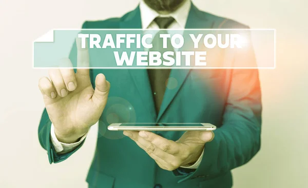 Handwriting text Traffic To Your Website. Concept meaning Lifeblood of online business more Potential Leads Businessman with pointing finger in front of him. — 图库照片