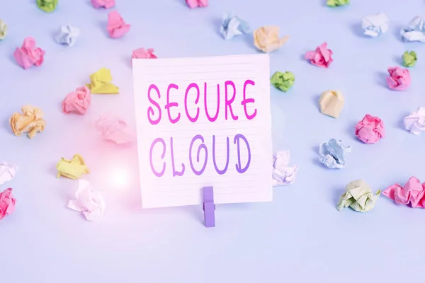 Conceptual hand writing showing Secure Cloud. Business photo showcasing Protect the stored information safe Controlled technology Colored crumpled papers empty reminder blue floor clothespin. — 스톡 사진