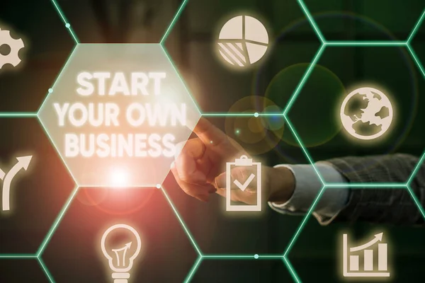 Írócetli, amely bemutatja a Start Your Own Business. Üzleti fotó bemutatása Vállalkozói Venture startup Lépjen be a kereskedelmi férfi emberi kopás formális öltöny bemutatása intelligens eszköz. — Stock Fotó