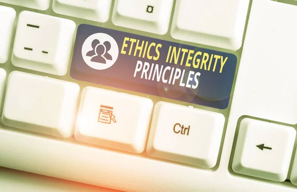 Handwriting text writing Ethics Integrity Principles. Concept meaning quality of being honest and having strong moral White pc keyboard with empty note paper above white background key copy space. — Stock Photo, Image