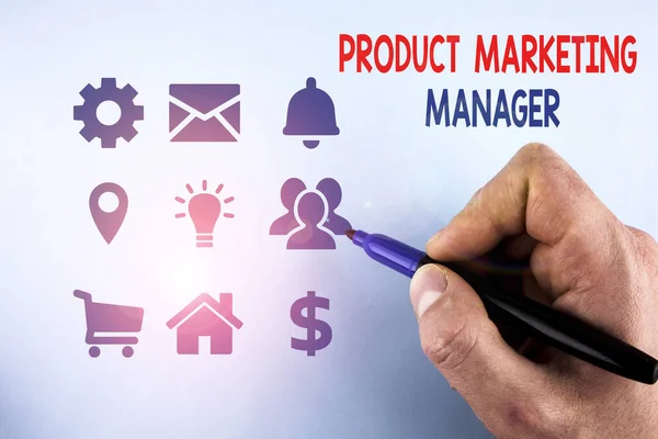 Writing note showing Product Marketing Manager. Business photo showcasing who responsible for putting plan to sell product Male designing layout presentation concept for business promotion.