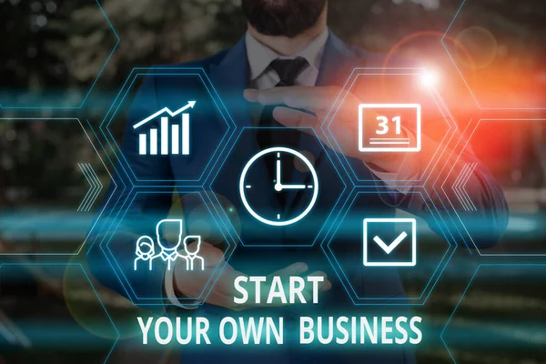 Word writing text Start Your Own Business. Business concept for Entrepreneurial Venture a Startup Enter into Trade Male human wear formal work suit presenting presentation using smart device. — Stock Photo, Image