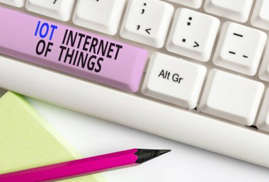 Nesnelerin İnterneti 'ni gösteren metin işareti. Fiziksel Aygıtların Kavramsal Fotoğraf Ağı Veri Beyaz pc klavyesini beyaz arkaplan anahtar alanının üzerinde boş not kağıdıyla gönder ve al.