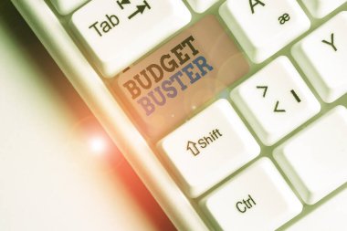 Kelime yazma Bütçesi Buster. Carefree Harcama Pazarlığı için İş konsepti Gereksiz Satışlar Beyaz pc klavyesinin üzerinde beyaz arkaplan anahtar alanının üzerinde boş not kağıdı ile aşırı harcamalar.