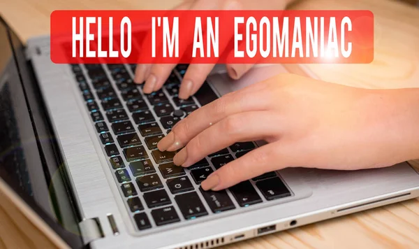 Знак тексту, що показує Hello I M An Egoanalysisiac. Conceptual photo Selfish Egocentric Narcissist Selfcentered Ego woman laptop computer smartphone mug Office постачає технологічні пристрої. — стокове фото