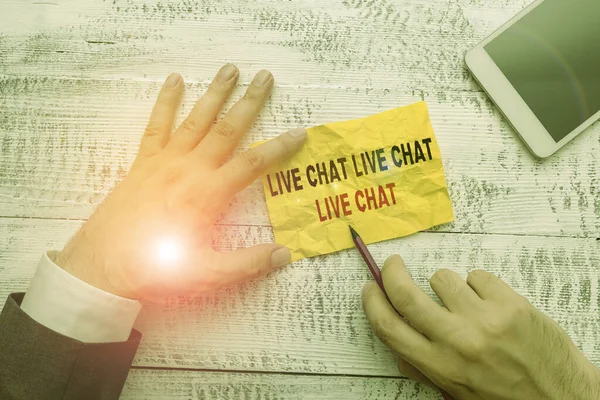 Text sign showing Live Chat Live Chat Live Chat. Conceptual photo talking with showing friends relatives online.