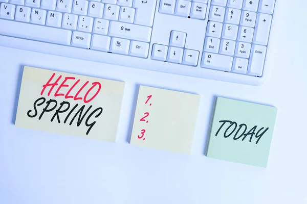 Woord schrijven tekst Hello Spring. Zakelijk concept voor het verwelkomen van het seizoen van de bloei van bloemen Einde van de winter Vlak lag boven blanco kopieerruimte plakkerige notities met business concept. — Stockfoto