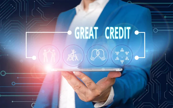 Text sign showing Great Credit. Conceptual photo borrower has high credit score and is a safe credit risk Male human wear formal work suit presenting presentation using smart device. — Stock Photo, Image