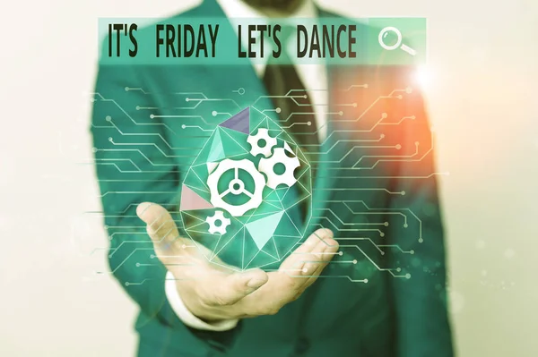 Tekst pisania słów It S Friday Let S Dance. Koncepcja biznesowa dla Celebrate rozpoczęcie weekendu Go party Disco Music Mężczyzna nosi formalny strój roboczy prezentujący prezentację za pomocą inteligentnego urządzenia. — Zdjęcie stockowe