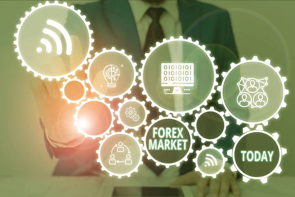 Writing note showing Forex Market. Business photo showcasing marketplace that defines the exchange rate of global currencies Male wear formal work suit presenting presentation smart device. — Stock Photo, Image