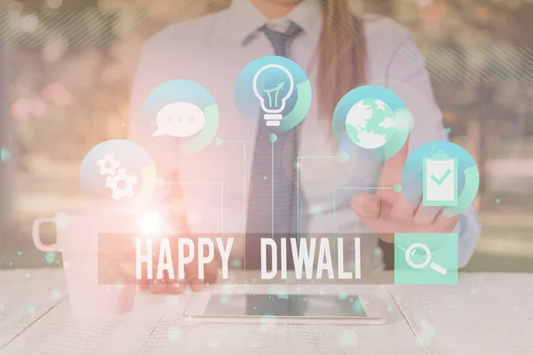 Handwriting text writing Happy Diwali. Concept meaning festival of lights that celebrated by millions of Hindus Female human wear formal work suit presenting presentation use smart device. — Stock Photo, Image