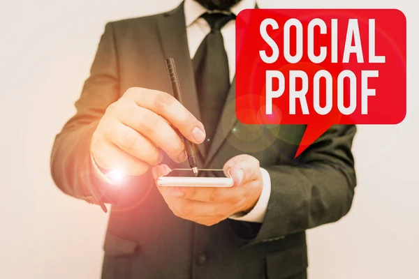 Szóírás szöveg Social Proof. Az információs társadalmi befolyás üzleti koncepciója Pszichológiai társadalmi jelenség. — Stock Fotó