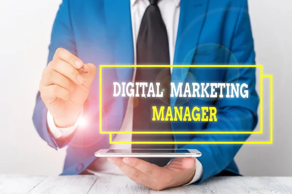 Conceptual hand writing showing Digital Marketing Manager. Business photo text optimized for posting in online boards or careers Businessman pointing with pen in empty copy space. — Stock Photo, Image