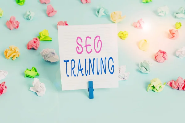 Conceptueel handschrift met Seo Training. Zakelijke foto presentatie leren specifieke kennis verbeteren perforanalyse in de huidige rollen Gekleurde verfrommelde papieren lege herinnering blauwe vloer wasknijper. — Stockfoto