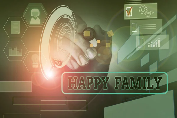 Manuscrito texto Happy Family. Conceito que significa membros da família permanecendo juntos passar tempo de qualidade Masculino desgaste humano formal terno de trabalho apresentando apresentação usando dispositivo inteligente . — Fotografia de Stock