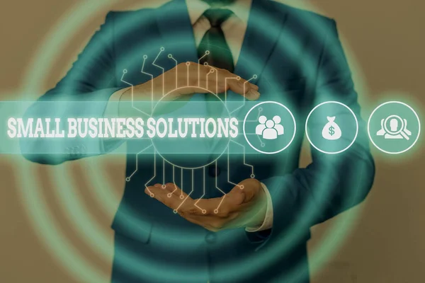 Tekst pisma ręcznego Small Business Solutions. Koncepcja oznacza firmę rozwiązującą konkretne problemy handlowe Mężczyzna w garniturze do pracy formalnej, prezentujący prezentację za pomocą inteligentnego urządzenia. — Zdjęcie stockowe