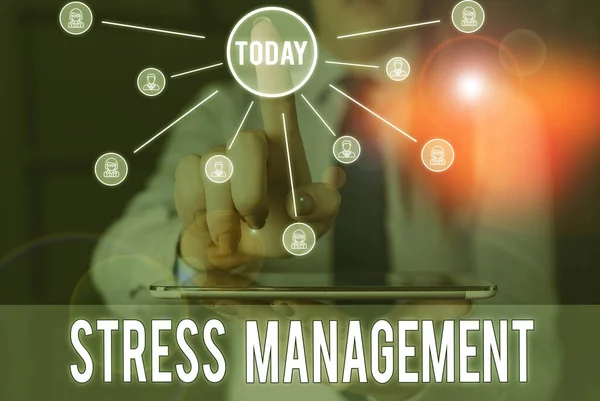 Handwriting text Stress Management. Concept meaning method of limiting stress and its effects by learning ways Woman wear formal work suit presenting presentation using smart device.