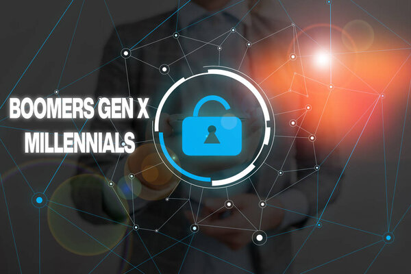 Письменный почерк Бумеров X Миллениалов. Концепция означает, как правило, считается около тридцати лет женщина носить официальный рабочий костюм презентация с помощью смарт-устройство
.