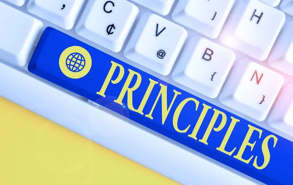 Text sign showing Principles. Conceptual photo fundamental truth that serves as the base for a system of belief White pc keyboard with empty note paper above white background key copy space. — Stock Photo, Image