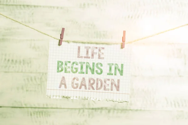 A Life Begins In A Garden-t bemutató levél. Üzleti fotó kirakat Mezőgazdaság Növények növekvő szerető kertészeti Ruhaszárító téglalap alakú papír emlékeztető fehér fa íróasztal. — Stock Fotó