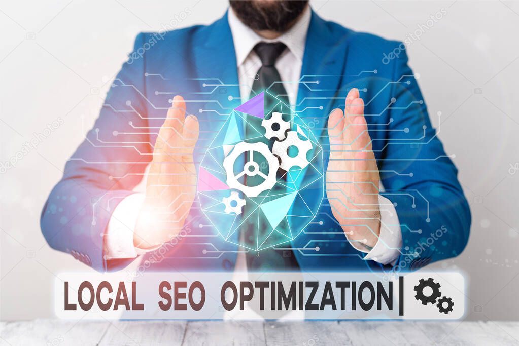 Text sign showing Local Seo Optimization. Conceptual photo increase Search Visibility to Rank on Top list Male human wear formal work suit presenting presentation using smart device.