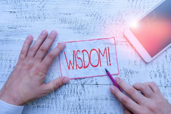 지혜를 보여 주는 문자 표지판. 개념적으로 당신의 지식 과 경험을 사용하여 결정을 내리는 능력을 사진 화. — 스톡 사진
