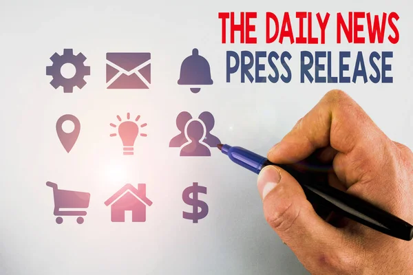 Note d'écriture montrant le Daily News Press Release. Photo d'affaires présentant annonçant de grandes nouvelles ou parler à montrer Conception masculine concept de présentation de la mise en page pour la promotion des entreprises . — Photo