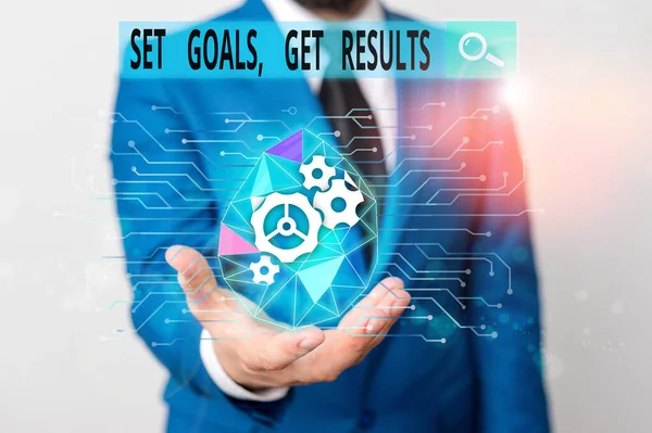 Текст для написания слов Set Goals Get Results. Бизнес-концепция для Установление целей работы для достижения их Мужской человек носить официальный рабочий костюм презентация с использованием смарт-устройство . — стоковое фото