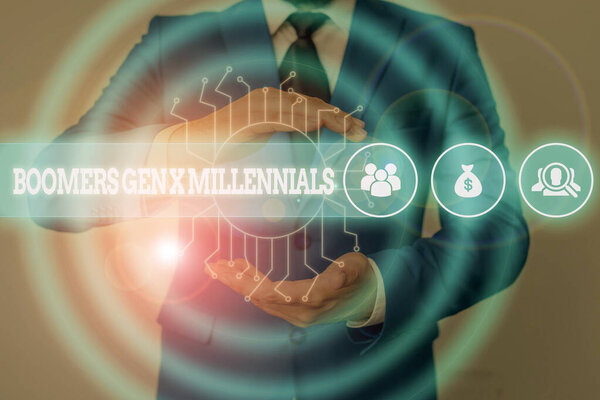 Письменный почерк Бумеров X Миллениалов. Концепция означает, как правило, считается около тридцати лет Мужской человек носить официальный рабочий костюм презентация с использованием смарт-устройство
.