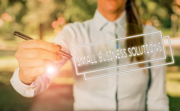 Word writing text Small Business Solutions. Business concept for a Company to solve Specific Trade problems Woman in a blue business shirts pointing with her finger into empty space.