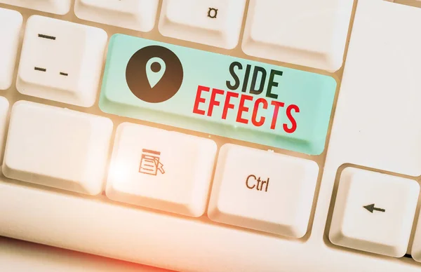 Text sign showing Side Effects. Conceptual photo secondary undesirable effect of a drug or medical treatment White pc keyboard with empty note paper above white background key copy space.