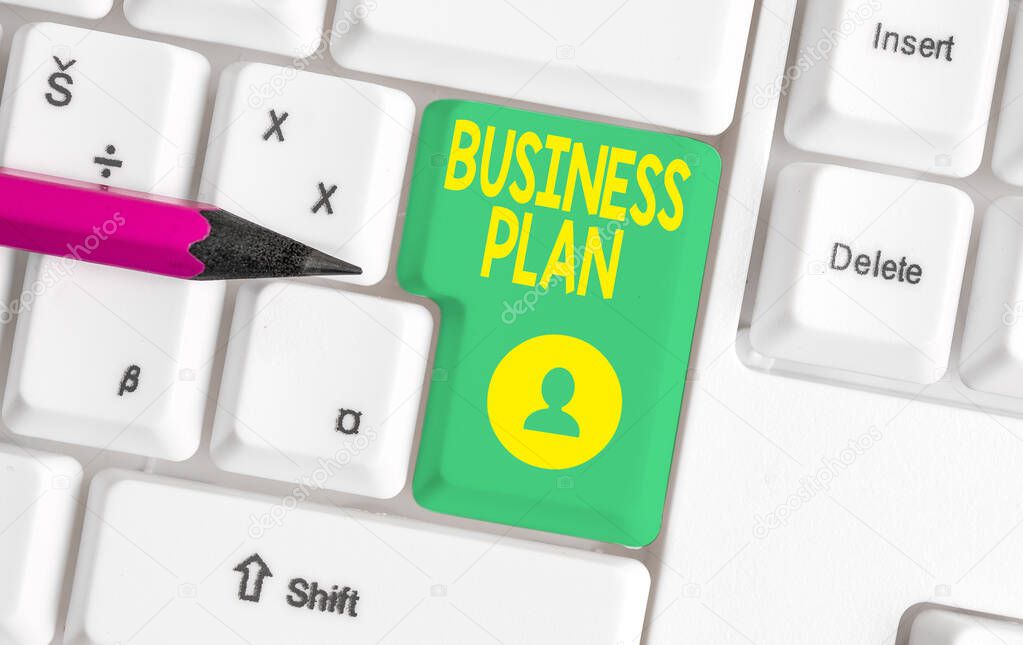Writing note showing Business Plan. Business photo showcasing Structural Strategy Goals and Objectives Financial Projections White pc keyboard with note paper above the white background.