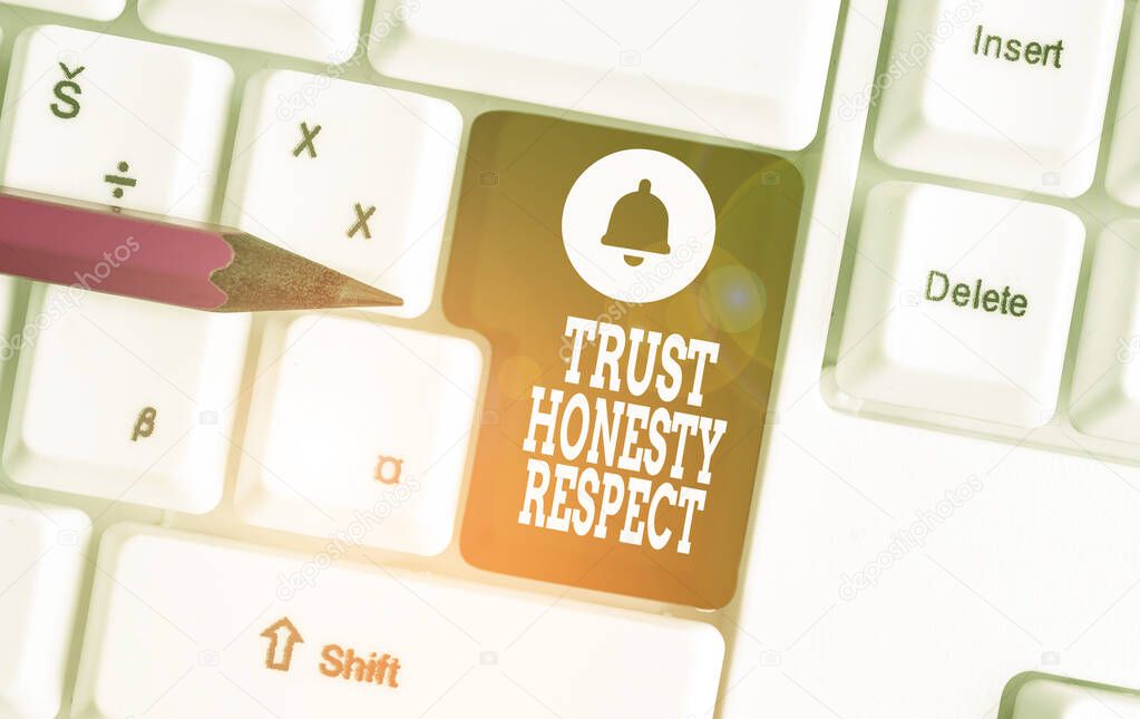 Conceptual hand writing showing Trust Honesty Respect. Business photo showcasing Respectable Traits a Facet of Good Moral Character White pc keyboard with note paper above the white background.
