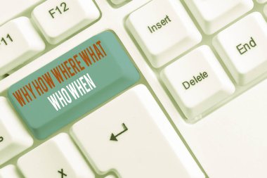 El yazısı neden nerede, nerede, ne zaman diye. Çözümleri bulmak için soruların anlamı kavram Beyaz pc klavyesini beyaz arkaplan anahtar boşluğunun üzerinde boş not kağıdıyla sorgulamak.