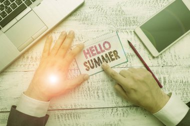 Merhaba Summer 'ı gösteren bir mesaj. İlkbahardan sonra ve sonbahardan önce havanın sıcak olduğu kavramsal fotoğraf sezonu.